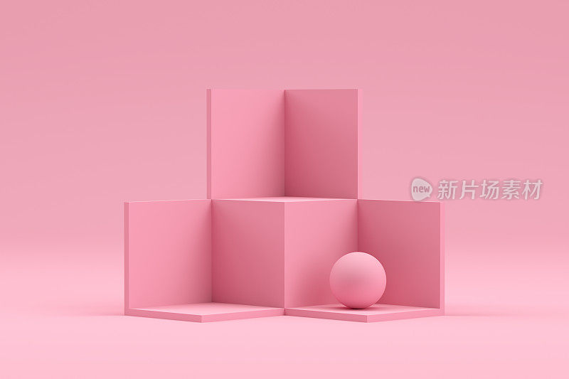 3D空白立方体等距产品站，粉红色背景上的讲台，几何形状抽象的最小背景