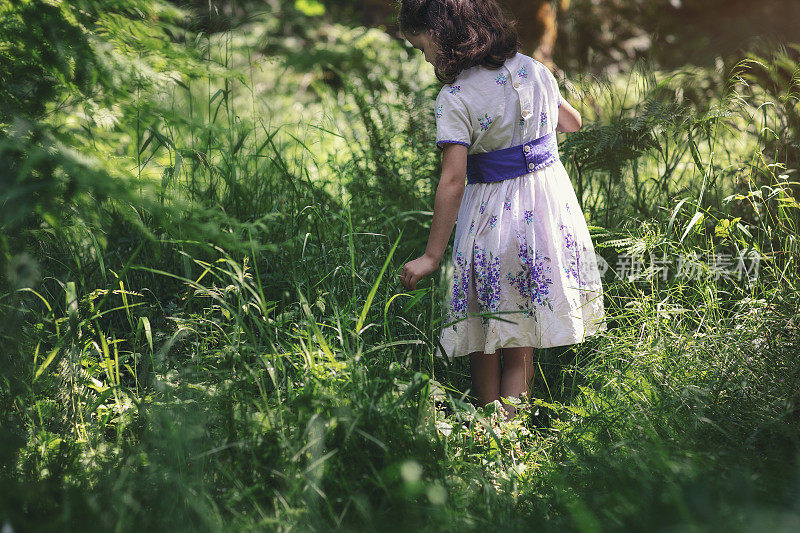 小女孩在森林里散步