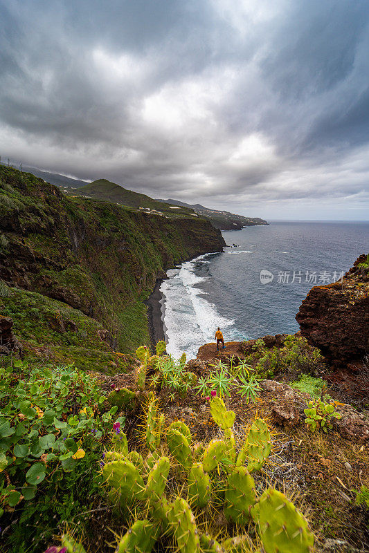 西班牙拉帕尔马群岛，加那利群岛，一个人站在悬崖边，看着海岸线
