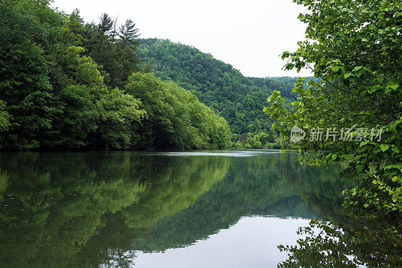 湖水倒映着树木和山丘