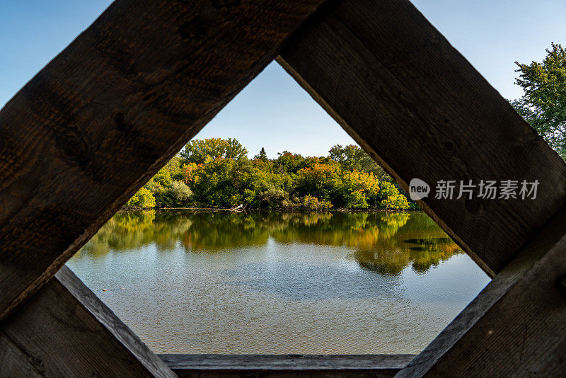 速度河视图从盖着桥在圭尔夫，加拿大安大略省。