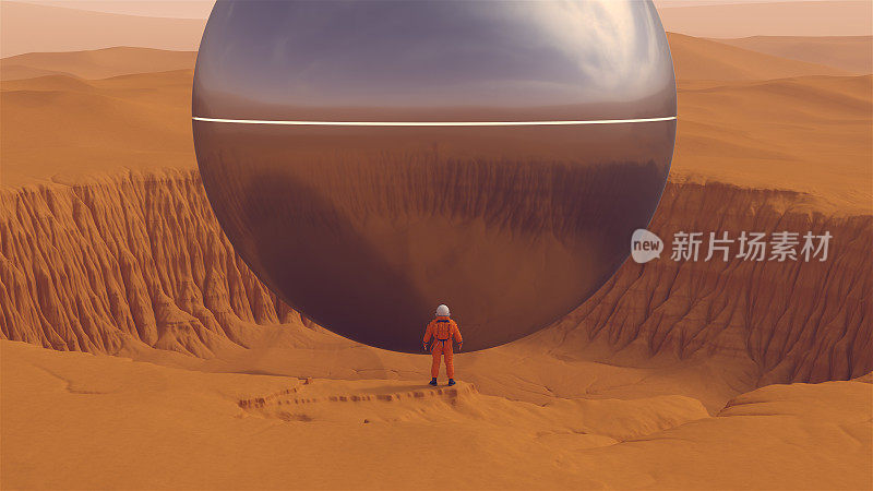 橙色宇航员与银色不明飞行物与发光的白色狭长沙漠陨石坑沙丘景观