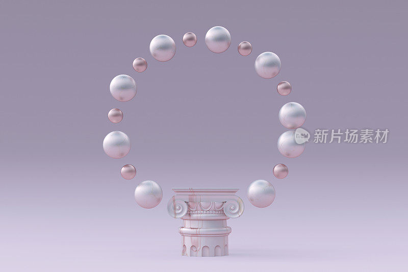 3D最小的大理石粉彩裙与飞行泡沫珍珠拱门的背景。