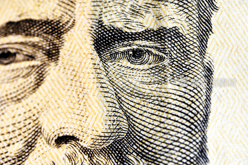 50美元钞票上尤利西斯·s·格兰特的眼睛和鼻子的超宏观画像