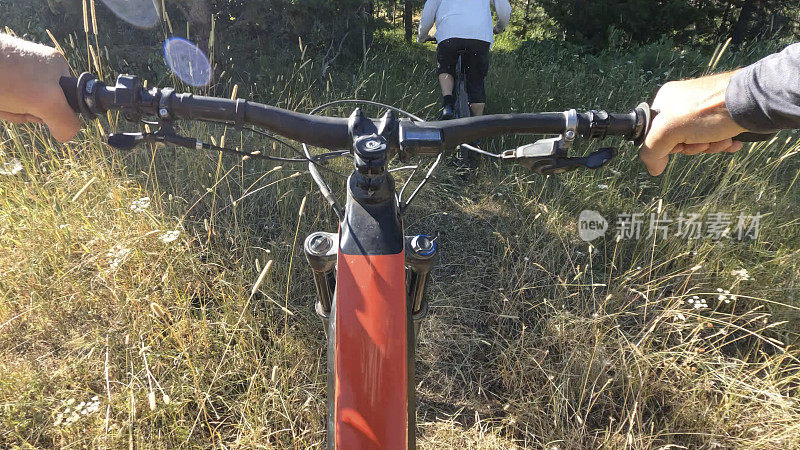 POV在山地车中跟随朋友沿着长满草的小道行进