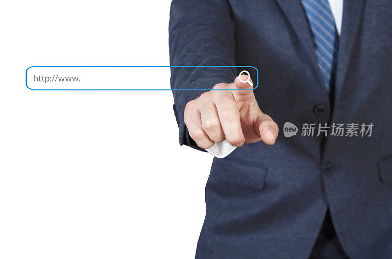 商人触摸虚拟屏幕搜索框中的放大镜图标，互联网技术概念