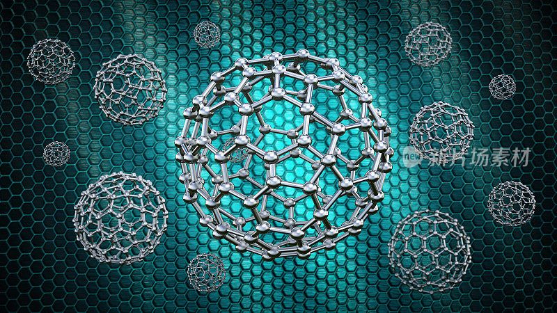 六边形网格纳米球体。纳米技术石墨烯分子。纳米技术与纳米材料三维插图