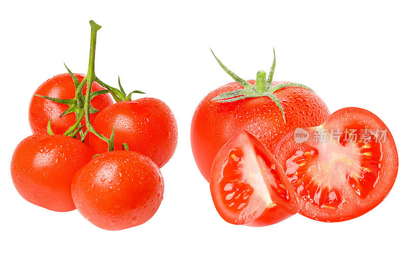 一堆西红柿。整个新鲜的西红柿。两片西红柿，对半切成四等分。番茄的成分准备好了。孤立的