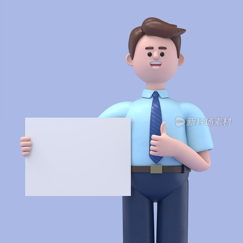 微笑的亚洲男子菲利克斯的3D插图与拇指，蓝色背景上的3D渲染。