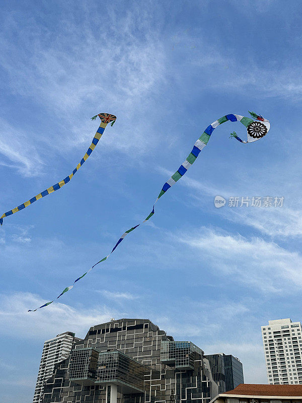 斯里兰卡科伦坡的加勒菲斯绿地，两个长尾巴的风筝在多云的蓝色晴朗天空中飞过酒店和公寓楼