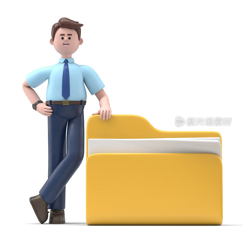 3D插图的微笑亚洲男子菲利克斯拿着一个文件夹的文件或文件和微笑。白色背景上的3D渲染。