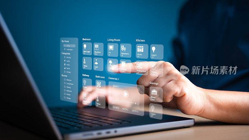 人们使用笔记本电脑管理虚拟屏幕应用程序来控制家用电器。智能仪表板连接物联网设备实现自动化。协助房屋技术管理。
