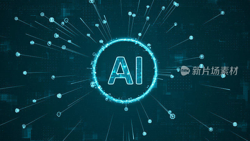 蓝色数字AI标志和AI图标围绕标志旋转，AI图标展开，在抽象背景上链接线条，具有AI聊天机器人和机器学习技术概念