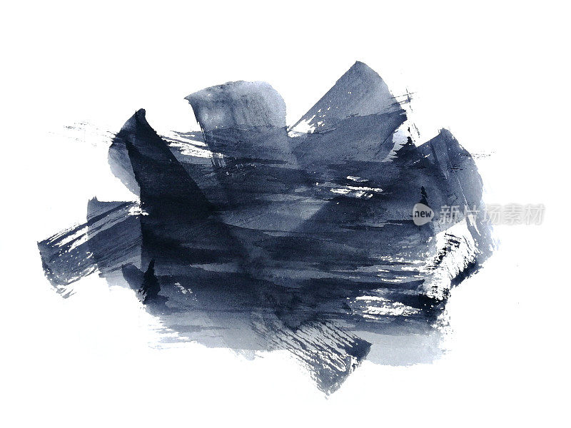 水彩画黑色亚洲毛笔抽象手绘。孤立的白色背景。湿对湿式。