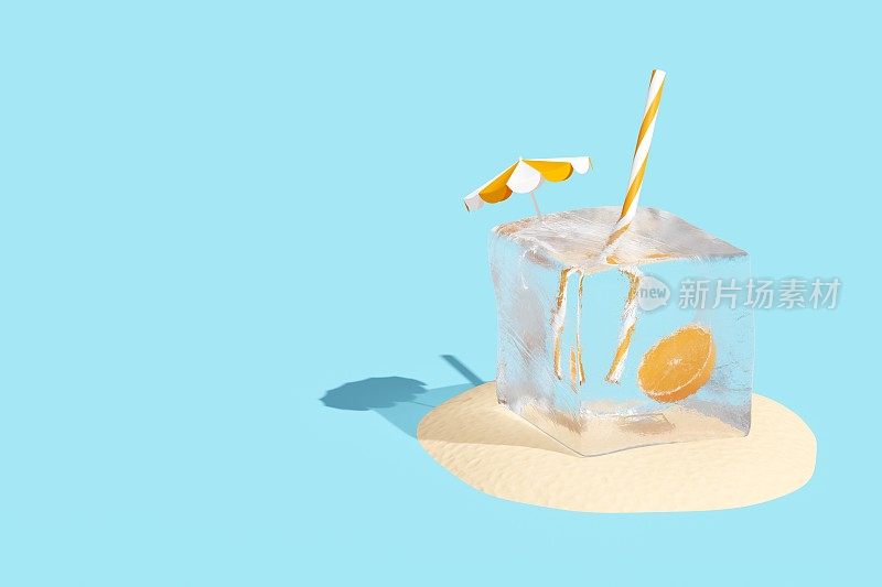 有创意的场景，用冰冻的稻草、橘子片和蓝色背景的冰块雨伞。清爽的暑假概念。带有复制空间的3D插图，渲染。