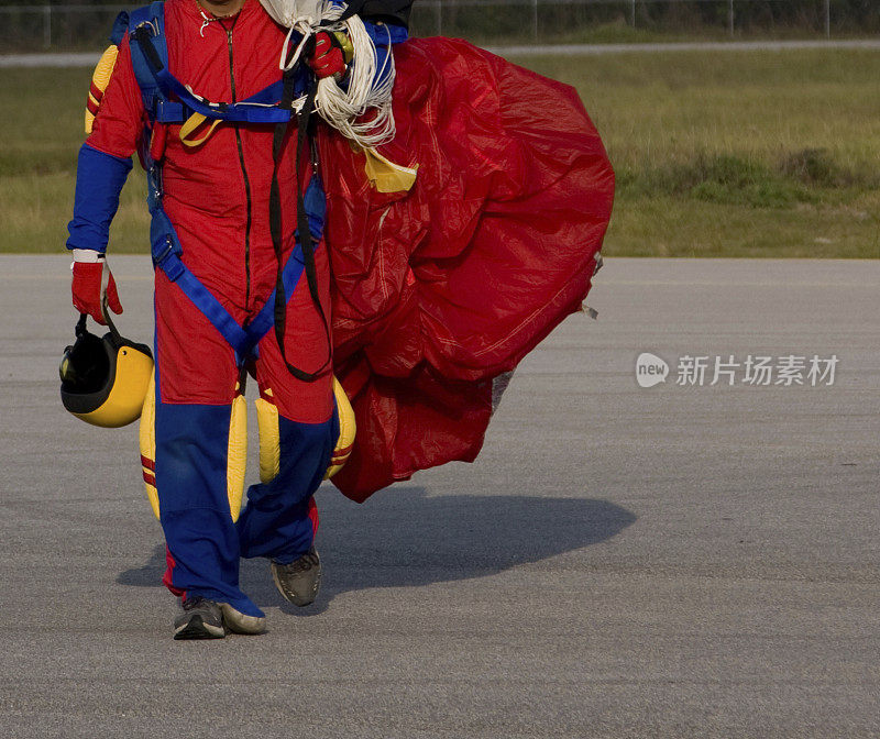 跳伞运动员穿着五颜六色的跳伞服和装备