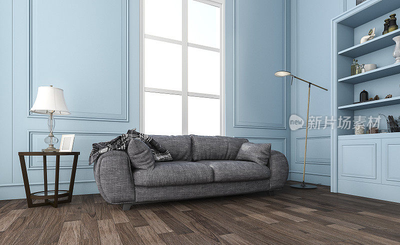 3d渲染漂亮的蓝色客厅和舒适的沙发