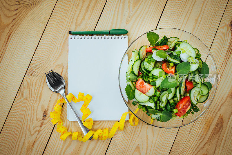 饮食计划，菜单或计划，卷尺和减肥食品。