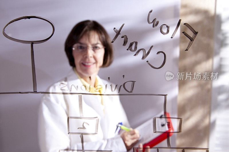 在白板上写着流程图的女人