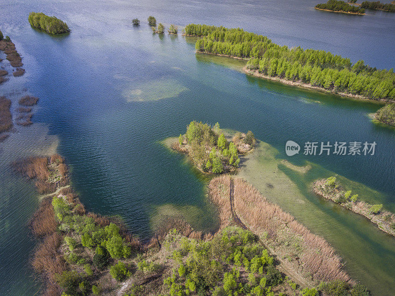 湖泊和森林在春天。从以上观点。波兰达布罗瓦戈尔尼察的波戈里亚四世。