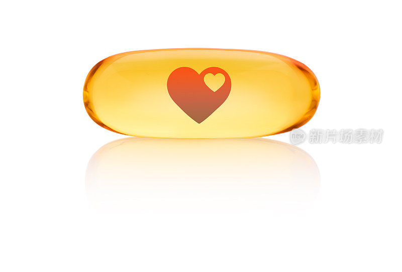 欧米茄3胶囊-与心脏图标-孤立在白色背景