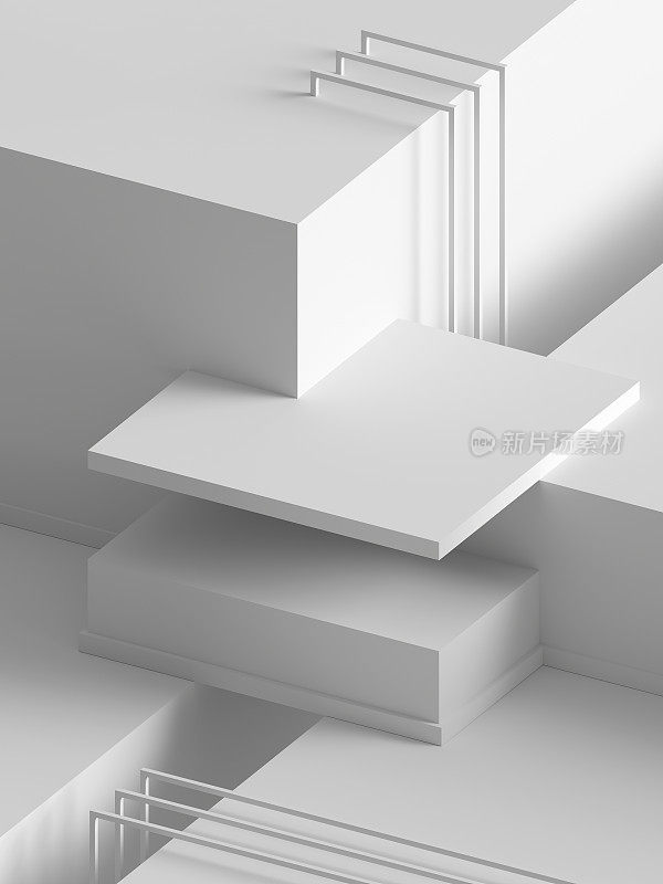 3d渲染，现代抽象几何背景，极简主义的空白展示，艺术装饰，空白模拟，白色原始形状，商店展示