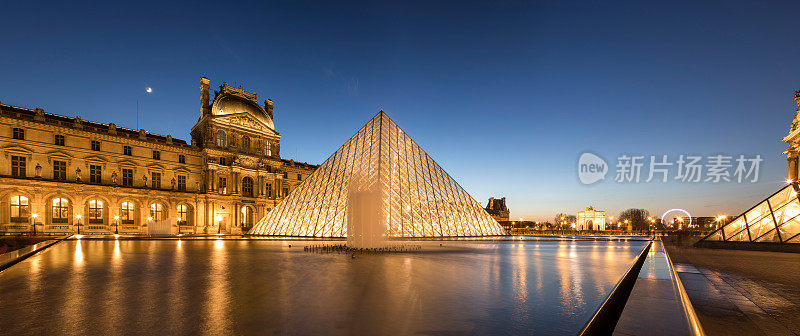 日落时巴黎卢浮宫的全景图