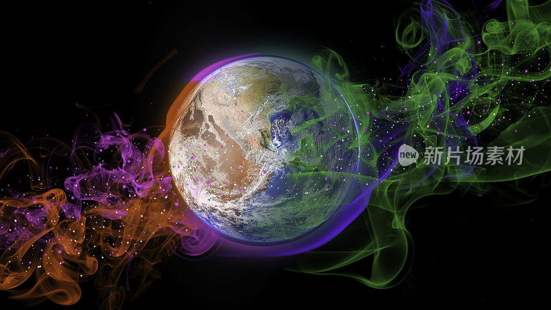行星地球和彩色星云。幻想的太空场景。绿色和橙色