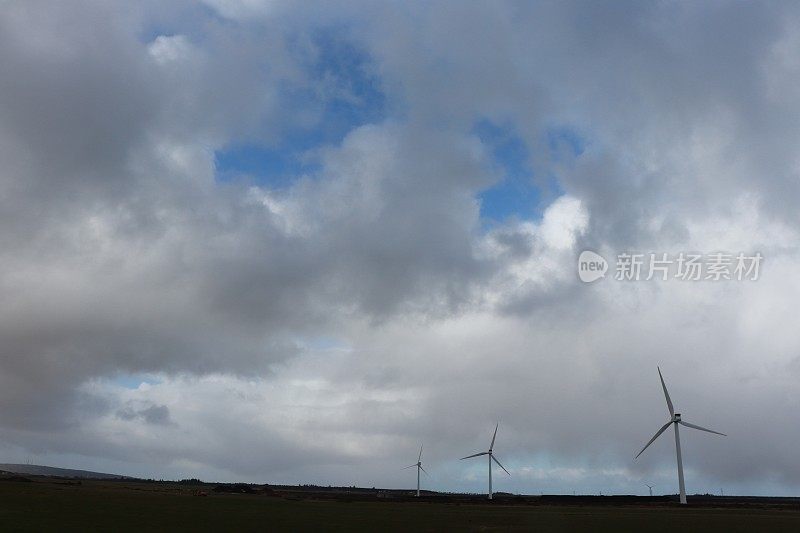 风力涡轮机在田野下戏剧性的天空与云彩