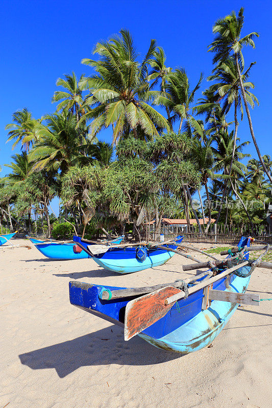 斯里兰卡传统渔船搁浅在海滩上