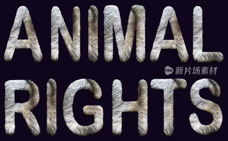 动物权利短语用大写字母写，里面有毛皮。动物主义，素食主义，道德，非暴力，行动主义的概念