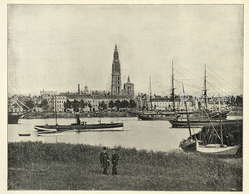 安特卫普码头的复古照片，比利时，维多利亚19世纪