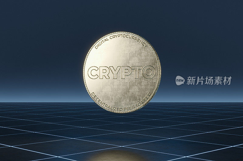 数字加密货币的3D渲染图像悬浮在区块链网络和图表背景