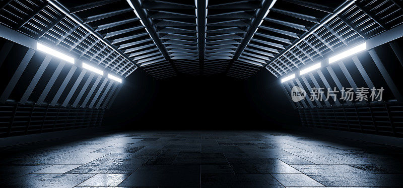 科幻未来仓库机库飞船现实展厅混凝土沥青水泥钢框架走廊隧道黑暗地下地下室三维渲染