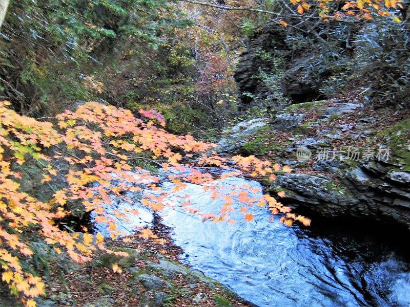 日本。11月的晴朗天气。时间正好在日落之前。日本山区的瀑布。从顶部看。