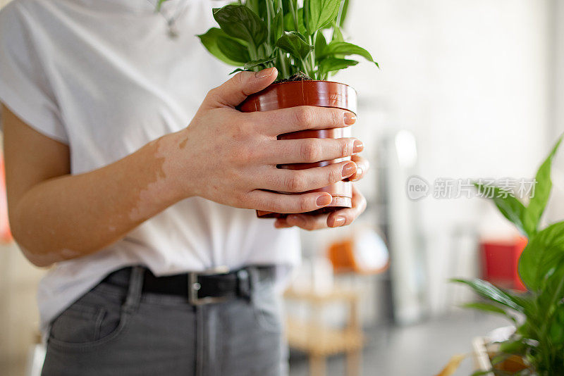 一个不知名的年轻白人妇女在家里照顾她的植物的特写