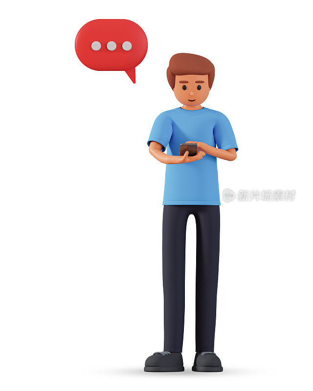 男子在智能手机上聊天，语音气泡三维插图孤立在白色背景上。网络通信概念与3d人字符输入手机和文本气泡出现在他上面