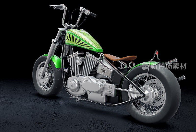 黑色背景上的复古金属绿色定制摩托车的3D渲染图像