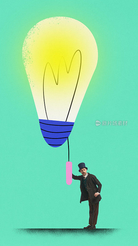 当代艺术拼贴。先生打开打开的电灯泡。想法，新思想。