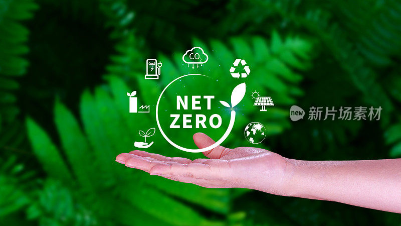 净零和碳中和概念，净零温室气体排放目标，气候中和长期战略，商人持有NetZero图标。