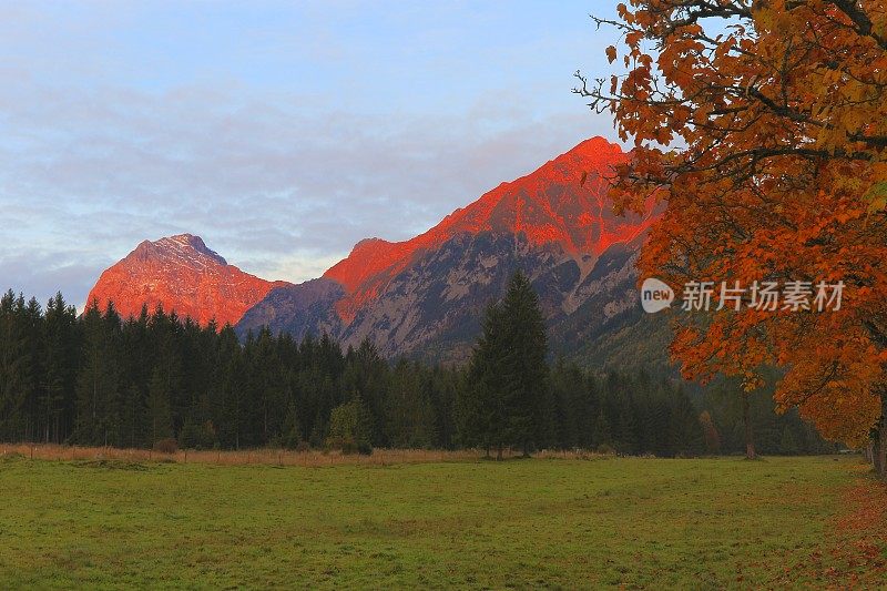 阿尔卑斯山景观在奥地利Tirol，附近Karwendel山脉和巴伐利亚阿尔卑斯山在德国-雄伟的高山景观在金色的秋天，戏剧性的Tyrol雪山全景和田园式的Tirol草地，奥地利