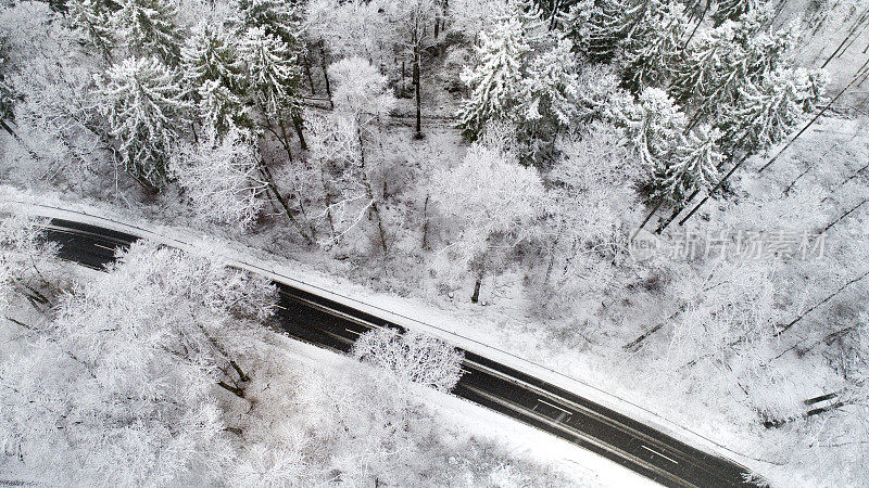 穿越冬季森林的道路-鸟瞰图
