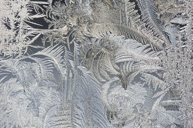 冬天的背景，霜冻和冰晶在窗户上