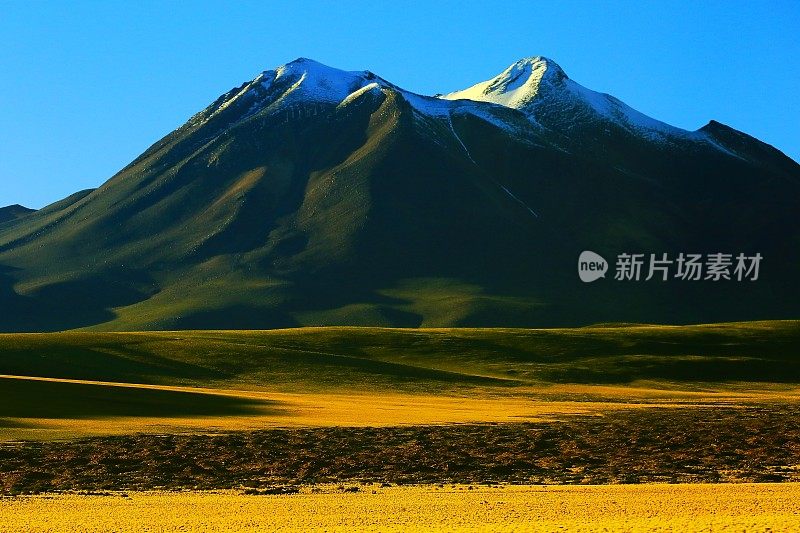 智利安第斯高原的日出和火山，田园诗般的阿塔卡马沙漠，白雪皑皑的火山草原普纳景观全景-安托法加斯塔地区，智利安第斯，智利，Bolívia和阿根廷边境