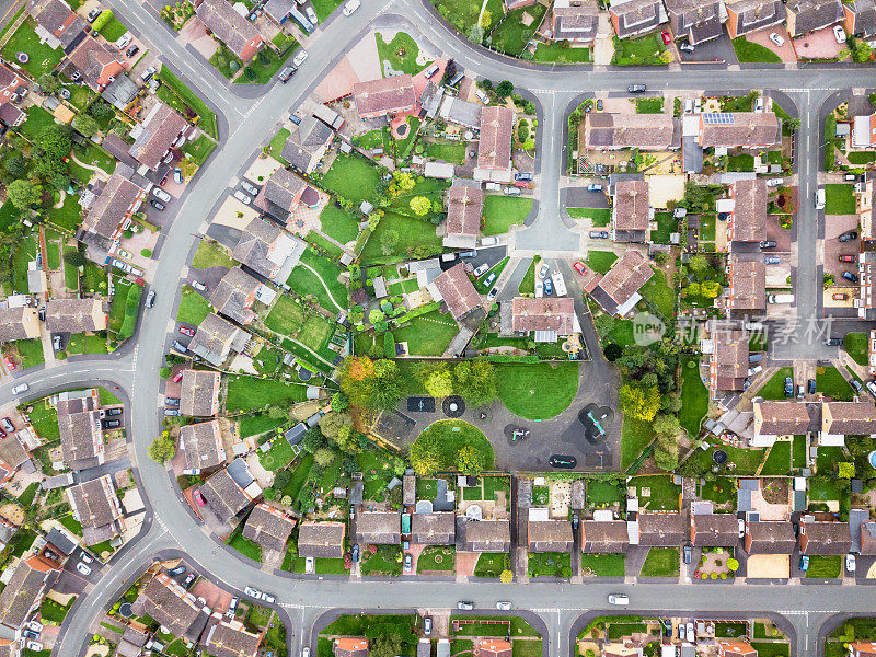 英国传统住宅区鸟瞰图。