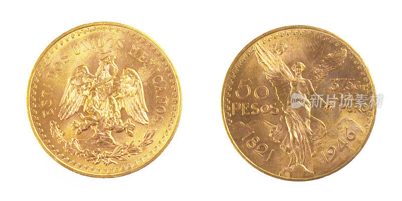 金币墨西哥比索的正面和背面的纯金，孤立在纯白色的背景