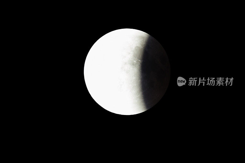 超级血月，月全食的最后一个阶段在黑色的天空背景下，月球表面的三分之一被地球的阴影覆盖