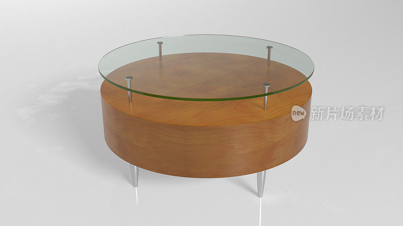 圆桌，一件玻璃和木材制成的家具