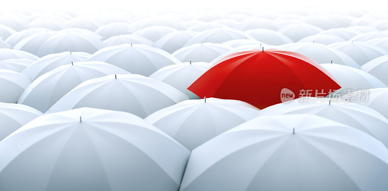 红色的伞。与众不同，领导，独特，老板，个性，原创，特殊的概念