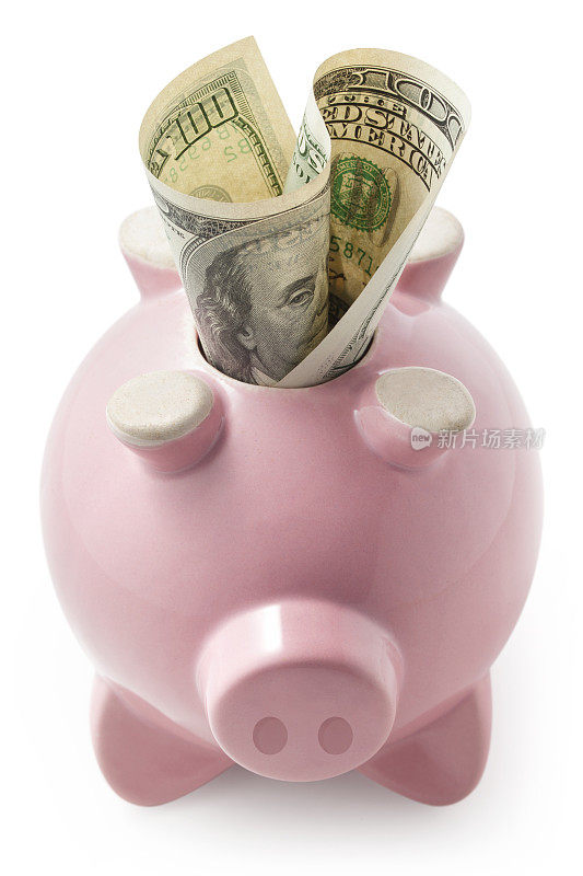 有一百美元钞票的小猪储蓄罐